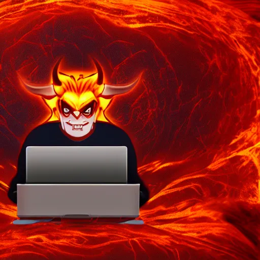 Image similar to a demon ~ using a laptop ~ lava background ~ sitting on a chair ~, 4 k, ultra hd