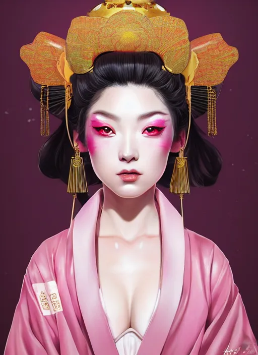 Image similar to dreamlike luxury stunning oiran portrait, pink pastel colours kimono, art by artgerm, wlop, loish, ilya kuvshinov, 8 k realistic, hyperdetailed, beautiful lighting, detailed background, depth of field, symmetrical face, frostbite 3 engine, cryengine,