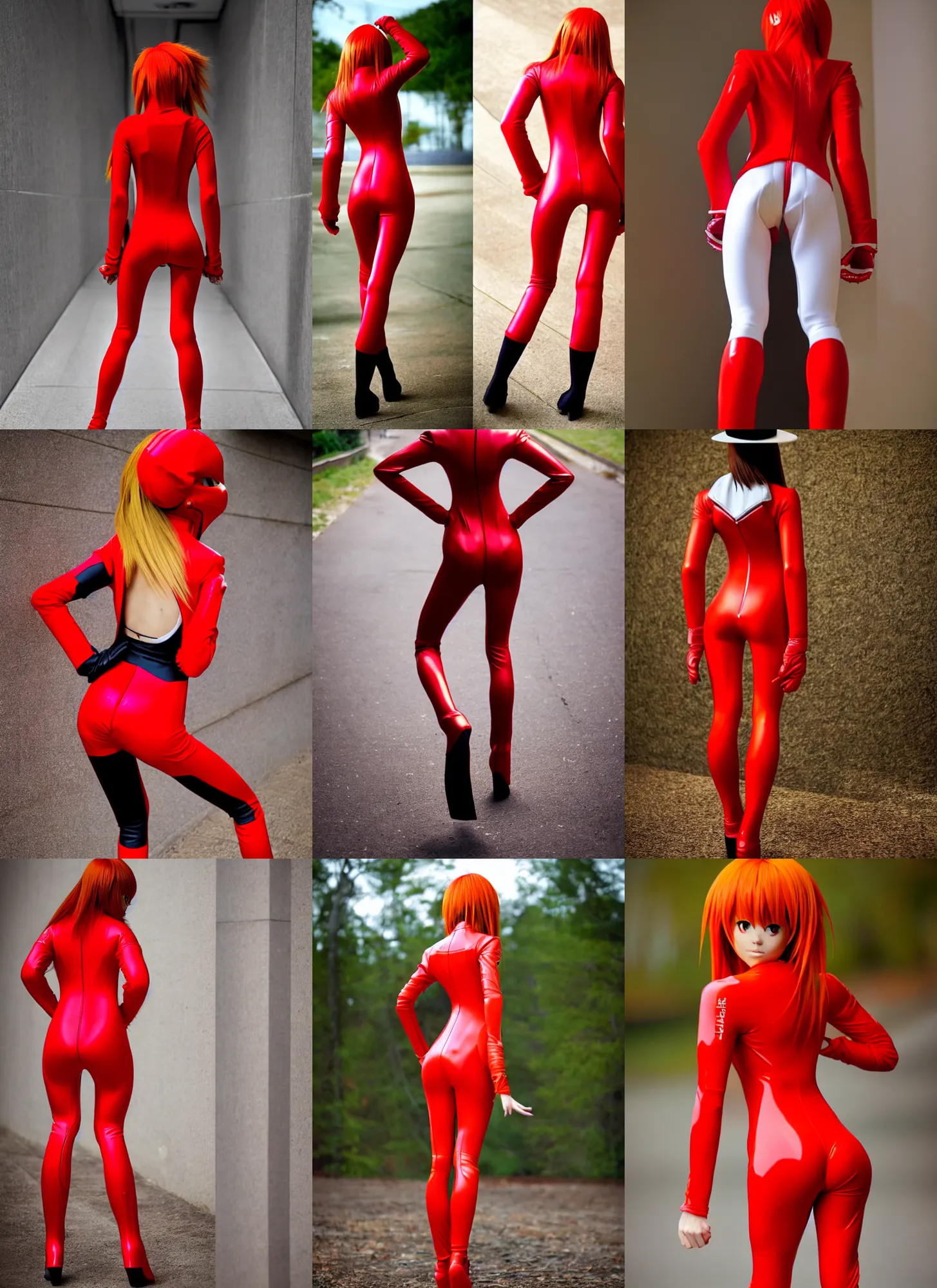 Prompt: Asuka Langley in her signature red plugsuit under jacket! , brown jacket! , from behind , brown hair, dark hat, photorealistic perfect body , hourglass! slim figure , juicy legs , view from behind , medium shot, body zenkai! Asuka suit under clothes! , sports jacket , solo photoshoot , DSLR , wallpaper , cosplay , full body , cinematic 4K blu-ray , japanese Evangelion Rebuild live-action movie