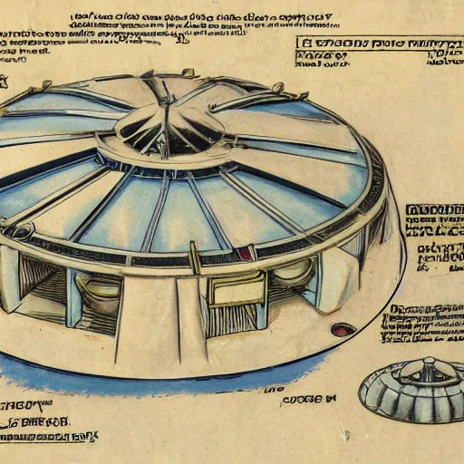 Image similar to vintage, detailed, colored sketch of ufo construction, all parts, with full descriptions, on parchment