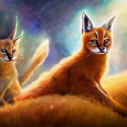 Image similar to cute fluffy caracals, fire, magic, fantasy epic legends stylized digital illustration radiating a glowing aura global illumination ray tracing hdr fanart arstation by ian pesty, 8 k