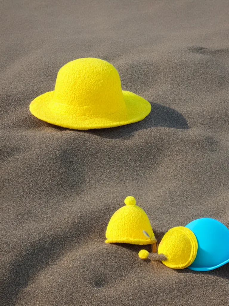 Image similar to an add campain for a yellow freezbee in the shape of a hat, taking place on the beach, closeup shot with depth of field, high quality promotional picture