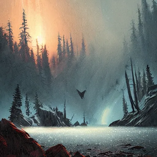 Image similar to illustration of an alaskan wildness just before darkness, strange red glow in the sky, greg rutkowski