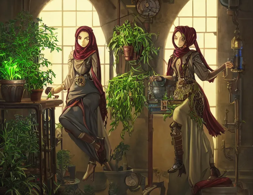 Image similar to middle eastern scifi alchemist in a well lit study with potted plants, wearing a lovely dress with steampunk details. this oil painting by the award - winning mangaka has an interesting color scheme and impeccable lighting.