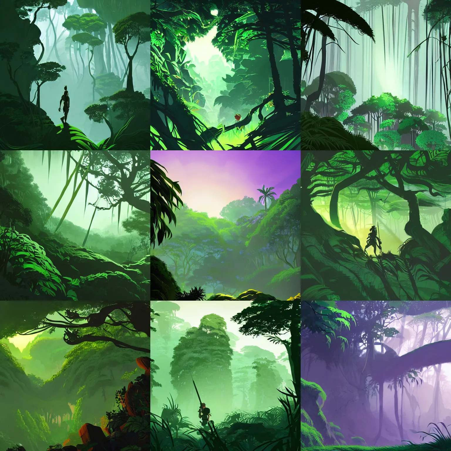 Prompt: closeup fantasy commando spirit, in a gentle green dawn light, jungle survival, eyvind earle, studio ghibli painting, clean cel shaded vector art, cinematic lighting, volumetric lighting, smooth, sharp focus, highly detailed, render in unreal engine 5, artstation, deviantart, behance, trending, epic composition, octane, light rays, award - winning