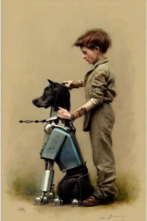 Prompt: (((((1950s boy and his robot k9 dog. muted colors.))))) by Jean-Baptiste Monge !!!!!!!!!!!!!!!!!!!!!!!!!!!