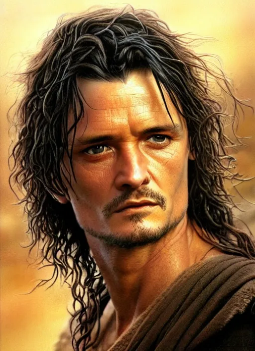 Prompt: Orlando Bloom as Aragorn by Alan Lee, very detailed eyes, golden hour, concept art, detailed clothing, art station, oil painting
