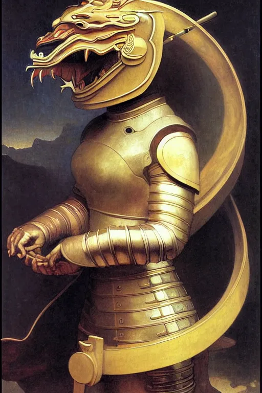 Image similar to portrait of a astronaut is a chinese dragon in armor and helmet, by bouguereau