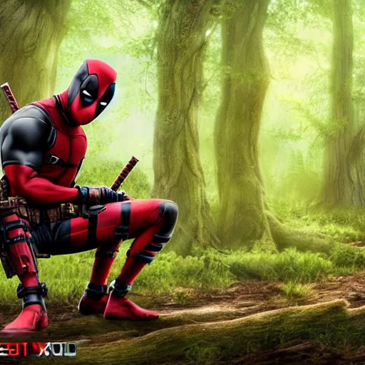 Image similar to deadpool and groot in the woods playing digital art 4 k detailed