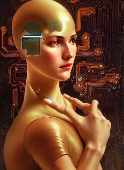 Prompt: portrait of a beautiful female android, coy, circuitry visible in head, in the style of ex machina, digital painting, karol bak, alphonse mucha, gil elvgren, award winning, hr giger, artstation, 8 k