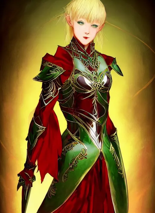 Image similar to Full body portrait of a beautiful young blonde short haired elven princess wearing red, green and gold armour robe. In style of Yoji Shinkawa and Hyung-tae Kim, trending on ArtStation, dark fantasy, great composition, concept art, highly detailed.