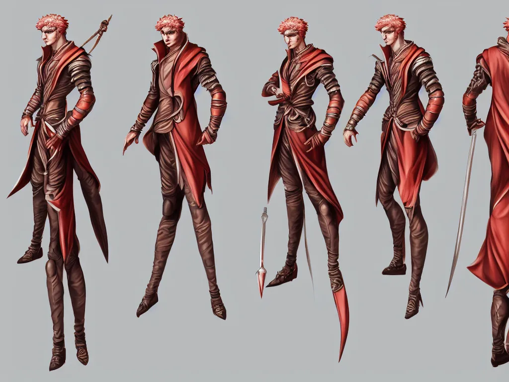 Prompt: traditional clean concept art of a vivid vibrant male fashion character assasin reference sheet in high quality with photographic details by Michelangelo and baroque, clear face, realistic proportions, full body,