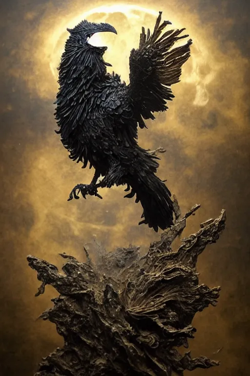 Image similar to Intricate stunning highly detailed raven by agostino arrivabene and Vladimir Kush, metal sculpture, ultra realistic, Horror, dramatic lighting, full moon, blood moon, thick black swirling smoke, volcanic smoke plume, burning fire embers