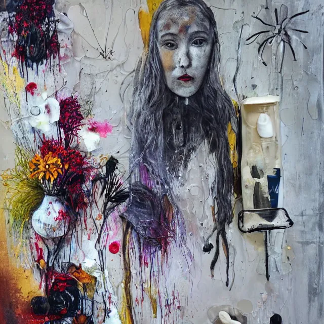 Image similar to “ a portrait in a female art student ’ s apartment, sensual, australian wildflowers, flax, flannel flower, bottlebrush, half - finished sculpture, sculpture work in progress, a candle dripping white wax, clay, squashed berries, berry juice drips, acrylic and spray paint and oilstick on canvas, surrealism, neoexpressionism ”