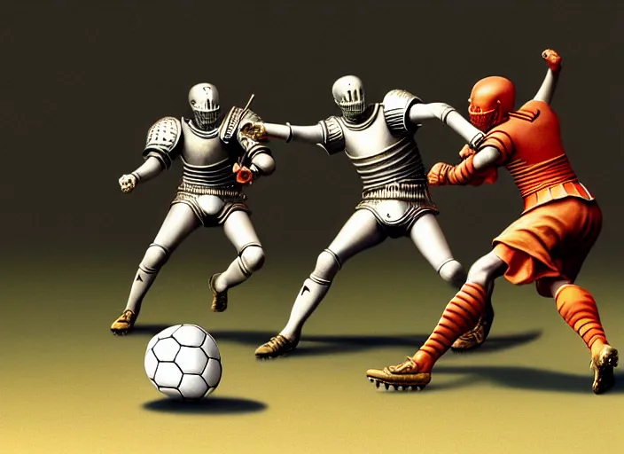 Image similar to knights in armor playing soccer ball - scull, rome, highly detailed, soft lighting, elegant, works by edward hopper, james gillard, zdislaw beksinski, stephen outram, andreas m wiese, highly detailed art by takato yamamoto, masterpiece. rendered in blender, ultra realistic, smooth shading, ultra detailed, high resolution, cinematic, unreal 6