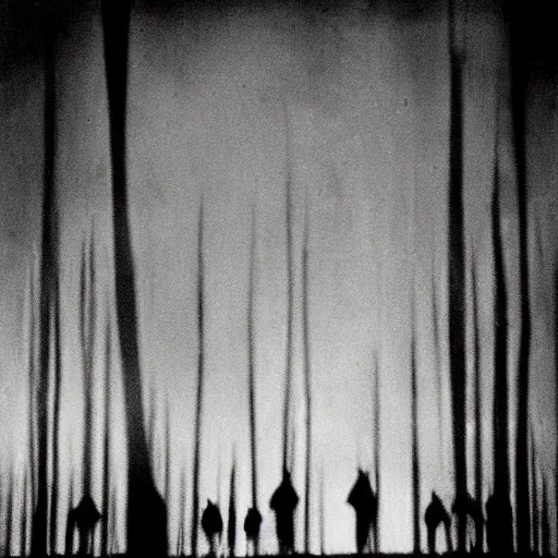 Image similar to dark abstract noisy blurry black and white disturbing old photograph full of mysterious black silhouettes, tim burton