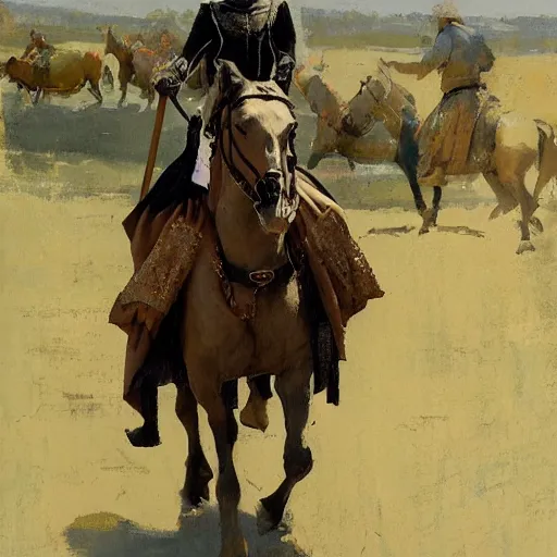 Image similar to portrait of woman wearing medieval clothing on horseback galloping, detailed by greg manchess, craig mullins, bernie fuchs, walter everett