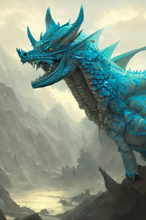 Prompt: cyan dragon fantasy, intricate, elegant, highly detailed, digital painting, artstation, concept art, matte, sharp focus, illustration by greg rutkowski, john howe, zhang yu