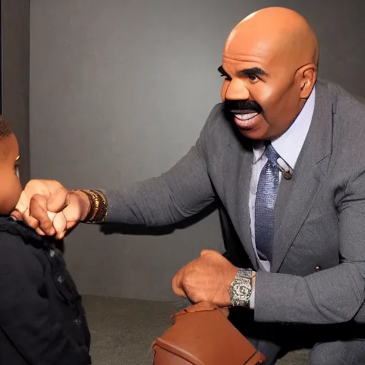 Image similar to rapper steve harvey meeting small steve harvey inside a jar