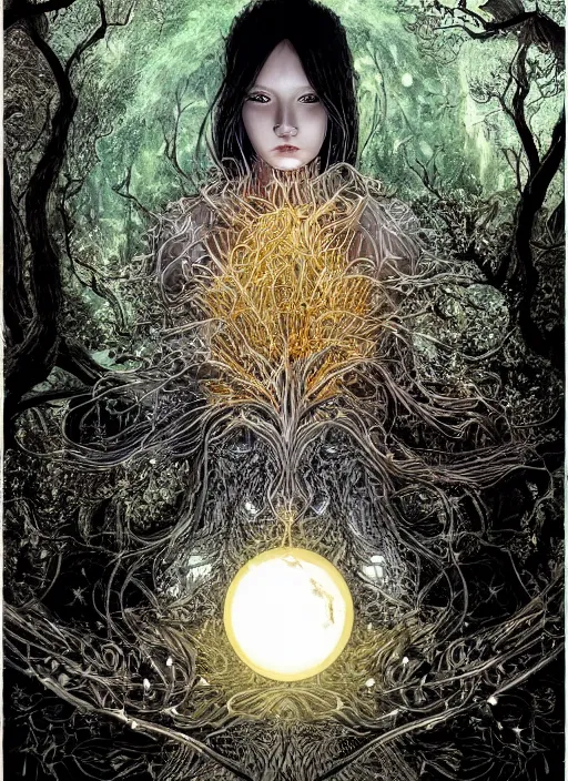 Image similar to glowing silver and golden elements, full close-up portrait, A beautiful dark witch in front of the full big moon, book cover, green forest, red white black colors, establishing shot, extremly high detail, foto realistic, cinematic lighting, pen and ink, intricate line drawings, by Yoshitaka Amano, Ruan Jia, Kentaro Miura, Artgerm, post processed, concept art, artstation, matte painting, style by eddie, raphael lacoste, alex ross