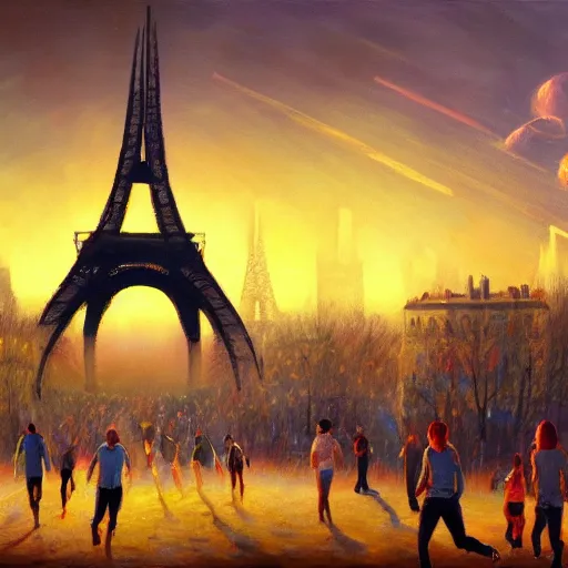 Prompt: a dream of several people running in a field and the eiffel tower in the background in a place that at the same time is illuminated by the sun causes a feeling of strangeness, oil painting, ultradetailed, artstation