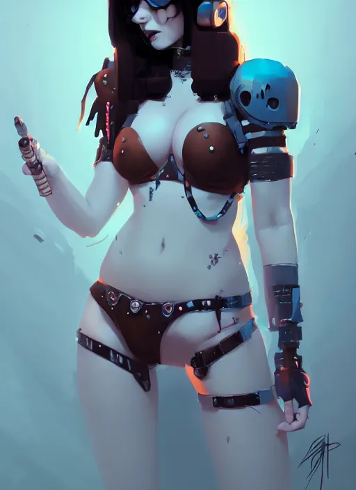 Prompt: portrait of cute goth girl in cyber bikini armor, warhammer, cyberpunk, by atey ghailan, by greg rutkowski, by greg tocchini, by james gilleard, by joe fenton, by kaethe butcher, dynamic lighting, gradient light blue, brown, blonde cream and white color in scheme, grunge aesthetic