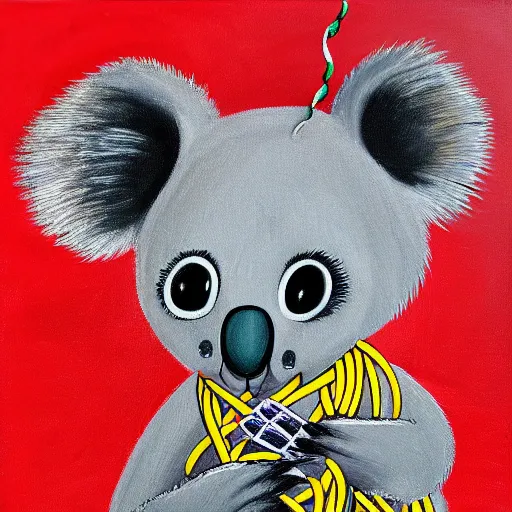 Image similar to a painting of a koala eating spaghetti in toon art style