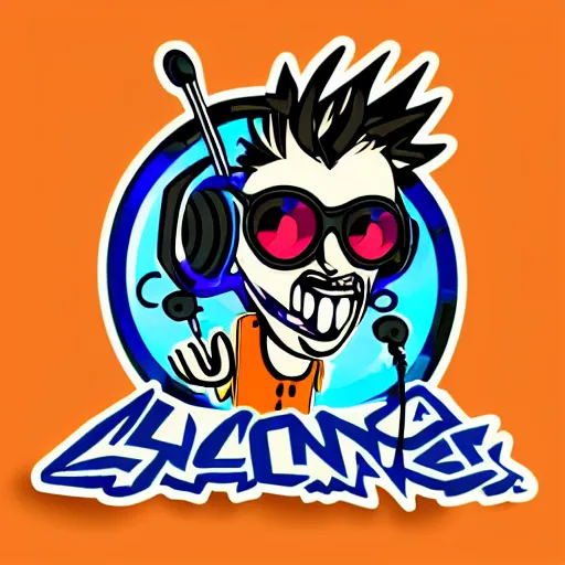 Image similar to svg vector sticker of absolutely insane-mad-scientist-villain, rocking out, wearing headphones, huge speakers, dancing, rave, DJ, spinning records, digital art, amazing composition, rule-of-thirds, award-winning, trending on artstation, featured on deviantart