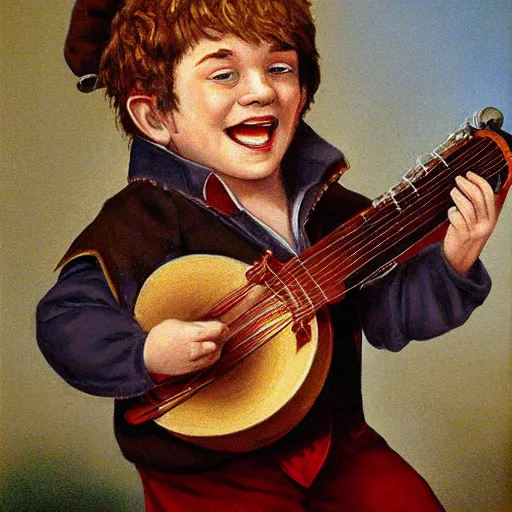 Prompt: portrait of a halfling male, happy, bard, singing, short hair, lute