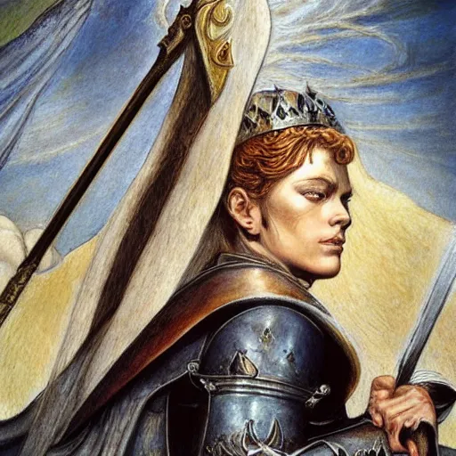 Image similar to jeanne d'arc in the style of william blake, terese nielsen, detailed, intricate, beautiful faces, steve argyle, triumphant fate, pastoral fantastic reality, photorealistic