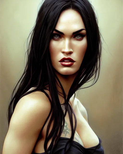 Prompt: portrait of megan fox vampire, dark, piercing eyes, gentle expression, elegant clothing, photorealistic, highly detailed, artstation, smooth, sharp focus, art by michael whelan, artgerm, greg rutkowski and alphonse mucha