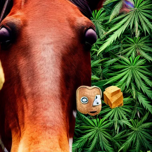 Image similar to close up photograph of very high on weed anthropomorphic horse, stoner eyes, the horse smoked weed, weed background, smoking a blunt, 8 k resolution