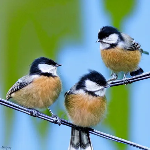 Image similar to three chickadees on a telephone wire, high quality, realistic, photograph, nature