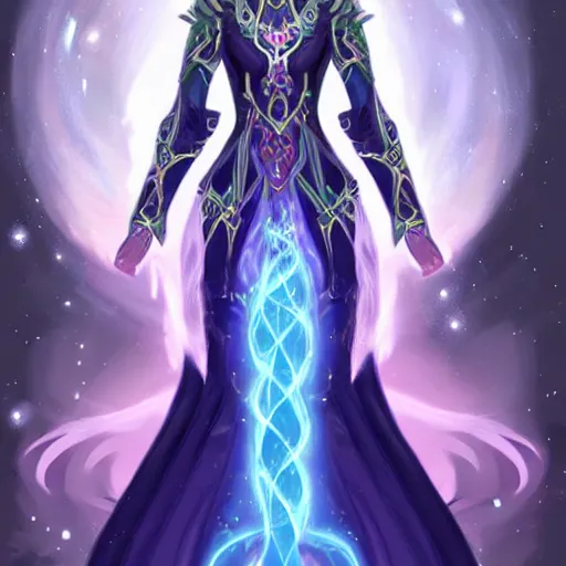 Image similar to character concept art of an astromancer wearing a beautiful cascading nebula gown