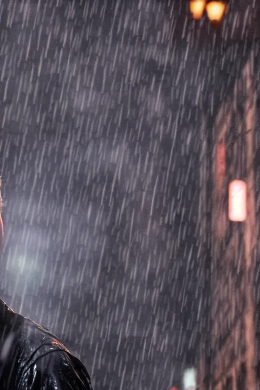 Prompt: cinematic of liam neeson as peter parker in spiderman, dramatic rain, 8 k, moody lighting