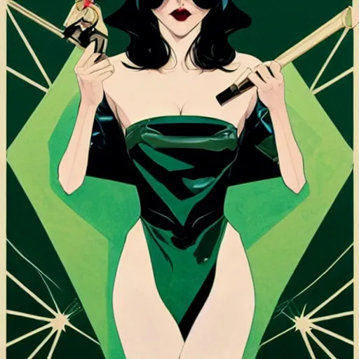 Image similar to Joshua Middleton comic art, wide shot, stunning elegant female Eva Green, spy, kabuki mask, beautiful evil sneer, symmetrical face, symmetrical eyes, leather clothing and boots, long straight green black hair, full body, Midnight pattern