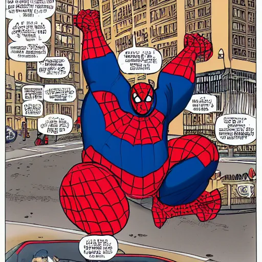 Prompt: morbidly obese spiderman, swinging through the city, fighting the demon of stress eating