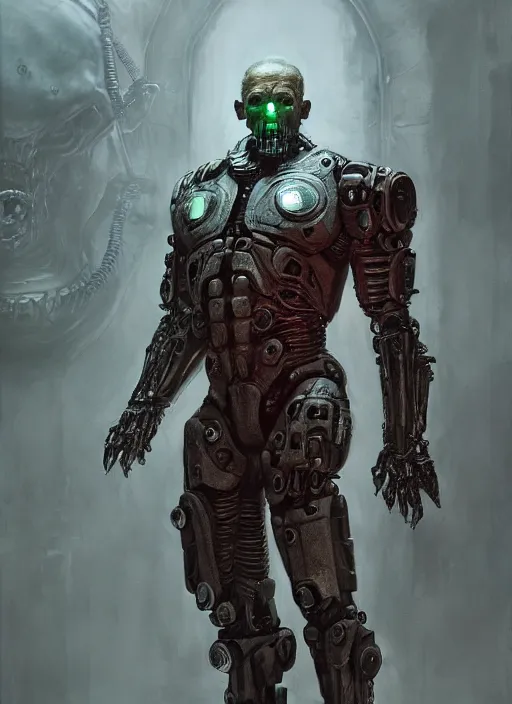 Image similar to robert englund as victor stone, full body concept, cyborg, borg, strogg, face of a man, terminator, flesh, quake strogg, doom demon, wolfenstein, monstrous, powerful, symmetry, symmetrical, concept art by ruan jia and greg rutkowski