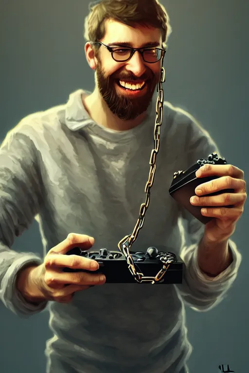 Prompt: very happy tired man holding gaming console in hands. he is chained to the console, intricate, elegant, highly detailed, digital painting, artstation, concept art, addiction, chains, smooth, sharp focus, illustration, art by ilja repin