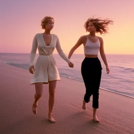 Prompt: beautiful hyperdetailed photograph of jennifer lawrence and jennifer lawrence taking a walk at the beach, golden hour, soft focus, 8 k, portra 4 0 0
