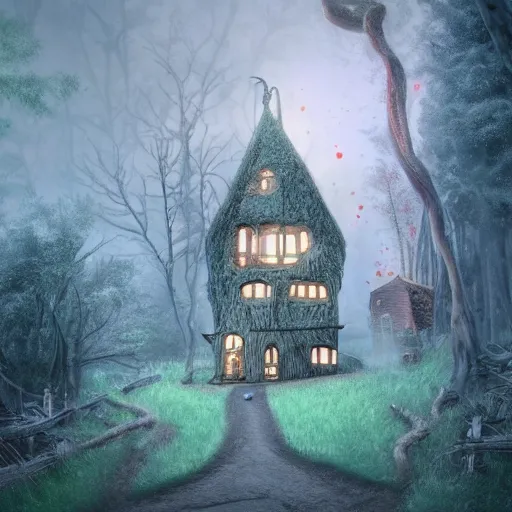 Image similar to witches house in hansel and gretel, gingerbread house, lollipops, candy on the house, twisted tall trees, chimney on a two story house, front porch with overhand, middle of the forest winding road leading to the house, moody, misty, cool tones, pastel colors, ultra realistic details, art style trending on artstation, concept art