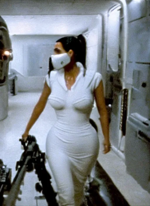 Image similar to movie still full pov of kim kardashian wearing a alien facehugger mask, in the movie alien. cinematic full shot.