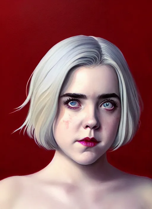 Image similar to full body portrait, kiernan shipka as sabrina spellman, white hair, obese, bangs, sultry, realistic, sultry smirk, fluffy bangs, freckles, fat, belly, intricate, elegant, highly detailed, digital painting, artstation, concept art, smooth, sharp focus, illustration, art by wlop, mars ravelo and greg rutkowski