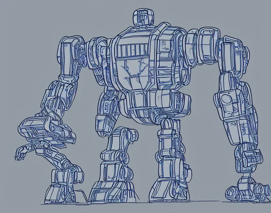 Prompt: mech robot blueprint, thin black lines on light grey background, digital drawing