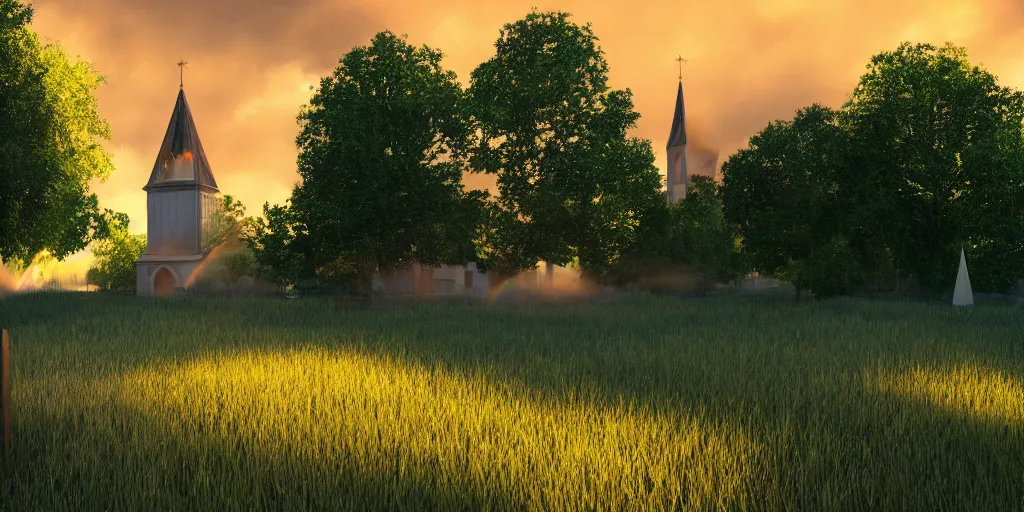 Image similar to iridescent chapel with a steeple in an old green courtyard meadow, gold and blue glow sparkles floating around in the air and sky, rainbows atmospheric, volumetric, photoreal, unreal engine, ray - tracing, film still, artstation, 8 k