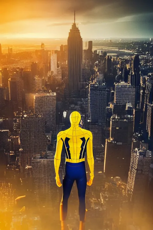Image similar to yellow and metallic spider-man, character poster, dramatic lighting, atmospheric dust, intense lens flare, city backdrop