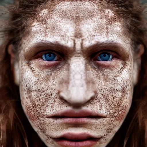 Image similar to minimalist photography portrait of a neanderthal woman, symmetrical, super close up, mid thirties, freckles, cute round slanted eyes, caucasian, wide nostrils, high cheekbones, high flat eyebrows, leica 1 0 0 mm f 0. 8