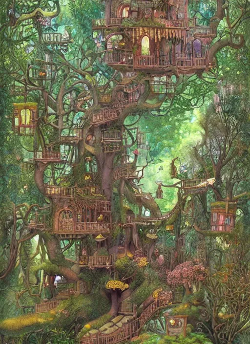 Image similar to huge whimsical fantasy treehouse, lush forest, secret garden by Daniel Merriam