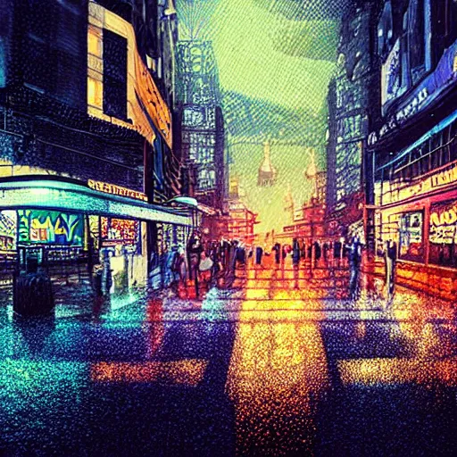 Prompt: Bustling photorealistic!!! rainy neon street in a utopian city illustrated and reimagined by Max Hay, inverted fisheye lens!!!, eyelevel!!! view!!! photography, trending on artstation, 4k, 8k, lens distortion, chromatic aberration, soft focus blur, photorealistic imagery, photorealistic details, intricate, highly detailed, artstation 3d, artstation render, artstation 3d render, 3d art, unreal engine 3d, octane 3d, blender 3d, 3d landscape