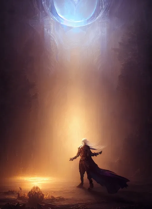 Image similar to portrait of thancred, evocative, mystical night, backlit, rim light, sharp focus, very very very very detailed, award winning, masterpiece digital painting by greg rutkowski, alex grey, marc adamus, beautiful dramatic lighting, artstation, 4 k wallpaper, style by peter deligdisch,